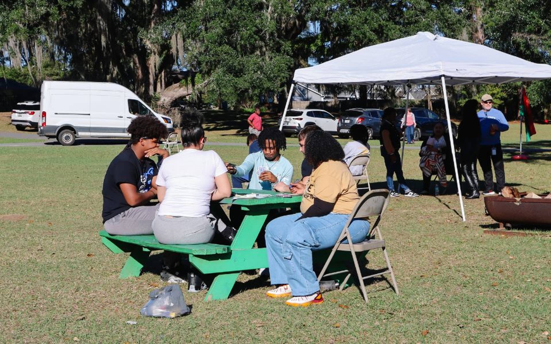 Kids sitting around a picnic table